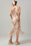 Vestido Champagne Sequin Halter Fringe 1920s com conjunto de acessórios de 5 peças