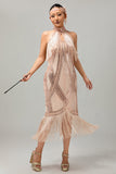 Vestido Champagne Sequin Halter Fringe 1920s com conjunto de acessórios de 5 peças