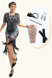 Preto Prata Lantejoulas V Pescoço Fringe 1920s Vestido com 5-Piece Acessórios set
