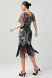 Preto Prata Lantejoulas V Pescoço Fringe 1920s Vestido com 5-Piece Acessórios set