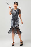 Preto Prata Lantejoulas V Pescoço Fringe 1920s Vestido com 5-Piece Acessórios set