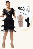 Preto V Neck Bodycon Tiered Fringed Sequin 1920s vestido com 5 peças conjunto de acessórios