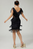 Preto V Neck Bodycon Tiered Fringed Sequin 1920s vestido com 5 peças conjunto de acessórios