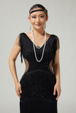 Preto V Neck Bodycon Tiered Fringed Sequin 1920s vestido com 5 peças conjunto de acessórios