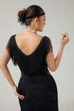 Preto V Neck Bodycon Tiered Fringed Sequin 1920s vestido com 5 peças conjunto de acessórios