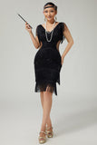 Preto V Neck Bodycon Tiered Fringed Sequin 1920s vestido com 5 peças conjunto de acessórios