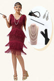 Bodycon Sequin Burgundy Tiered Fringed Vestido de lantejoulas 1920s com conjunto de acessórios de 5 peças