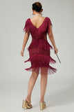 Bodycon Sequin Burgundy Tiered Fringed Vestido de lantejoulas 1920s com conjunto de acessórios de 5 peças