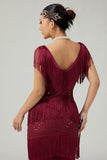 Bodycon Sequin Burgundy Tiered Fringed Vestido de lantejoulas 1920s com conjunto de acessórios de 5 peças