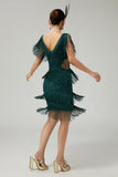 Vestido de lantejoulas verde escuro Tiered Fringed 1920s com conjunto de acessórios de 5 peças