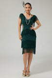 Vestido de lantejoulas verde escuro Tiered Fringed 1920s com conjunto de acessórios de 5 peças