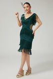 Vestido de lantejoulas verde escuro Tiered Fringed 1920s com conjunto de acessórios de 5 peças