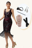 Burgundy Sequin Fringed Bodycon 1920s vestido com 5 peças conjunto de acessórios