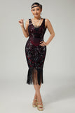 Burgundy Sequin Fringed Bodycon 1920s vestido com 5 peças conjunto de acessórios