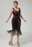 Burgundy Sequin Fringed Bodycon 1920s vestido com 5 peças conjunto de acessórios