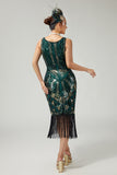 Sparkly verde escuro franjado bodycon 1920s vestido com 5 peças conjunto de acessórios