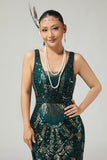 Sparkly verde escuro franjado bodycon 1920s vestido com 5 peças conjunto de acessórios