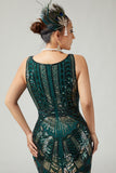 Sparkly verde escuro franjado bodycon 1920s vestido com 5 peças conjunto de acessórios