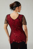 Preto vermelho franjado bodycon vestido frisado 1920s com conjunto de acessórios de 5 peças