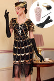 Vestido preto dourado brilhante com decote em V com franjas e lantejoulas, vestido midi dos anos 1920 com conjunto de acessórios de 5 peças