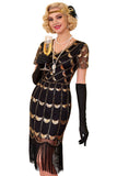 Vestido preto dourado brilhante com decote em V com franjas e lantejoulas, vestido midi dos anos 1920 com conjunto de acessórios de 5 peças