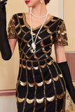 Vestido preto dourado brilhante com decote em V com franjas e lantejoulas, vestido midi dos anos 1920 com conjunto de acessórios de 5 peças