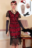 Vestido Bodycon Midi dos anos 1920 com Lantejoulas Pretas e Vermelhas com Decote em V, Conjunto de Acessórios de 5 Peças