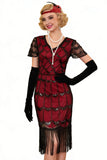 Vestido Bodycon Midi dos anos 1920 com Lantejoulas Pretas e Vermelhas com Decote em V, Conjunto de Acessórios de 5 Peças