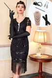 Vestido preto bodycon decote em V, lantejoulas e franjas, vestido midi dos anos 1920 com conjunto de acessórios de 5 peças