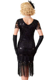 Vestido preto bodycon decote em V, lantejoulas e franjas, vestido midi dos anos 1920 com conjunto de acessórios de 5 peças