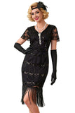 Vestido preto bodycon decote em V, lantejoulas e franjas, vestido midi dos anos 1920 com conjunto de acessórios de 5 peças