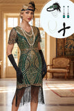 Vestido Bodycon Midi dos anos 1920 com Lantejoulas Douradas e Lantejoulas Verdes, Decote em V, com Conjunto de Acessórios de 4 Peças