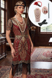 Vestido bodycon midi dos anos 1920 com decote em V vermelho dourado brilhante, lantejoulas, franjado, com conjunto de acessórios de 5 peças