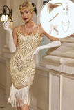 Bodycon Damasco, lantejoulas, alças finas, vestido midi franjado dos anos 1920 com conjunto de acessórios de 5 peças