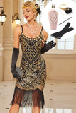 Conjunto de vestidos midi dos anos 1920 com franjas pretas douradas bodycon, alças finas, lantejoulas