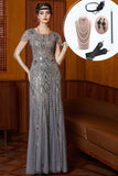 Vestido cinzento de gola redonda com lantejoulas Conjunto de mangas longas de mangas compridas dos anos 1920 com acessórios dos anos 20