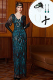 Vestido longo dos anos 1920, conjunto de acessórios de 4 peças preto-azul, bainha em V e decote em V azul brilhante