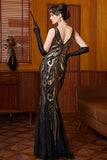 Vestido preto dourado com decote em V, lantejoulas, tule sereia e conjunto de acessórios de 4 peças