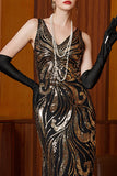 Vestido preto dourado com decote em V, lantejoulas, tule sereia e conjunto de acessórios de 4 peças