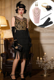 Vestido Midi dos anos 1920 com ilusão preta dourada com gola redonda e franjas e conjunto de acessórios de 5 peças