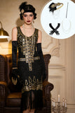 Vestido preto dourado com lantejoulas com franjas Midi dos anos 1920 e conjunto de acessórios de 4 peças