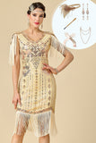 Vestido midi midi dos anos 1920, conjunto de acessórios de 5 peças com bainha de almasco, decote em V