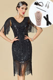 Vestido midi preto dos anos 1920 com decote em V, decote em V, com lantejoulas, franjas e conjunto de acessórios de 5 peças