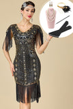 Vestido preto dourado com lantejoulas e franjas bodycon dos anos 1920 com conjunto de acessórios de 5 peças