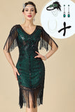 Vestido Midi dos anos 1920 com decote em V, preto verde, lantejoulas e franjas, com conjunto de acessórios de 4 peças