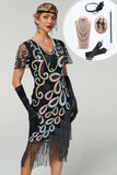 Vestido bodycon midi dos anos 1920 com decote em V preto com decote em V com contas e franjas, vestido midi dos anos 1920 com 5 peças