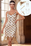 Vestido Bodycon Franjas dos anos 1920 com alças finas douradas brancos e conjunto de acessórios de 5 peças