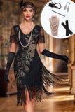 Vestido Bodycon Midi dos anos 1920 com decote em V preto e lantejoulas com conjunto de acessórios de 5 peças