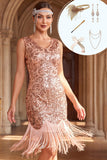 Vestido bodycon dos anos 1920 com decote em V e lantejoulas rosas, conjunto de acessórios de 5 peças