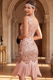 Vestido bodycon dos anos 1920 com decote em V e lantejoulas rosas, conjunto de acessórios de 5 peças